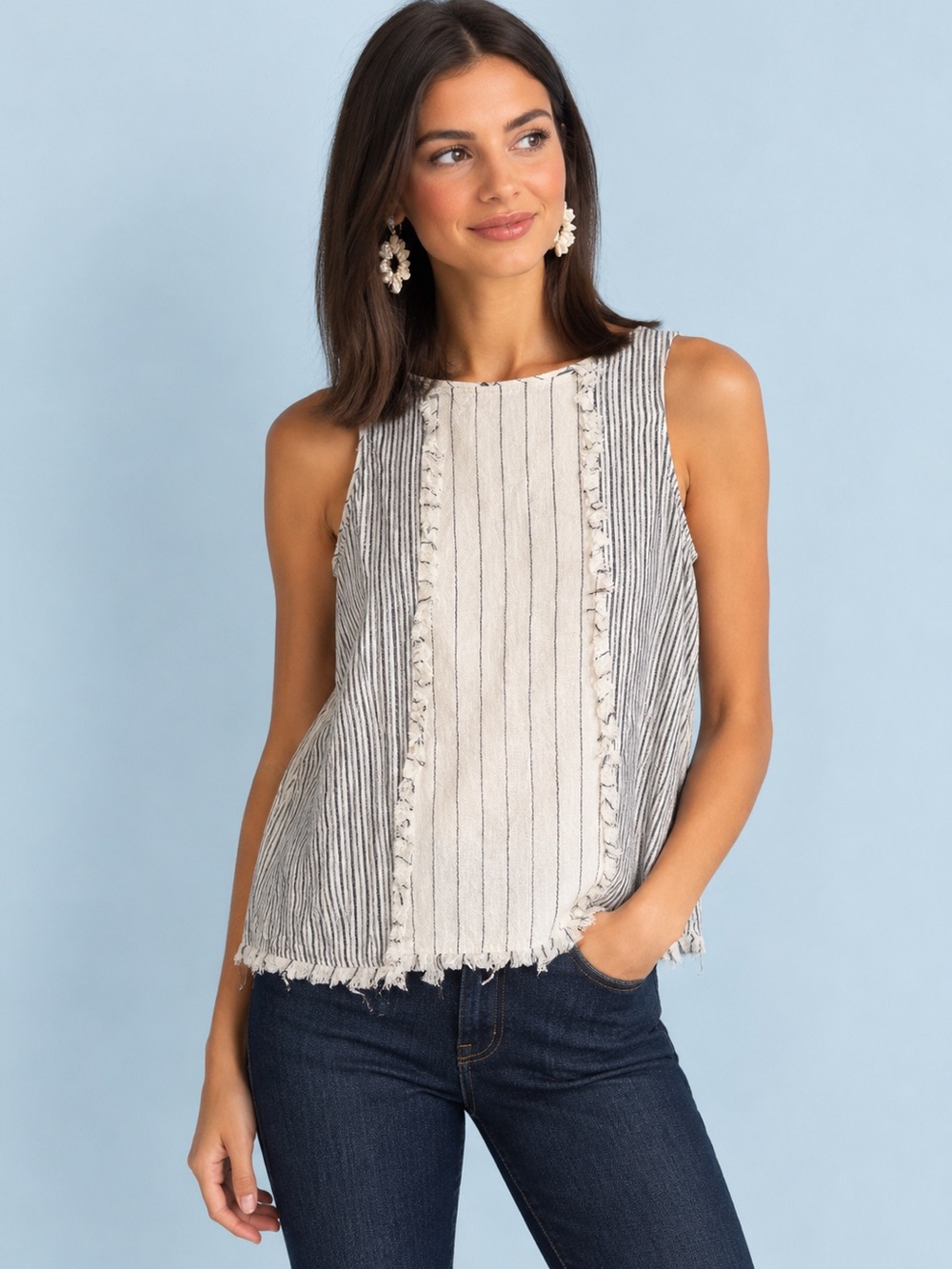 Anthropologie Doe & Rae Fringe Stripe Sleeveless Blouse | M